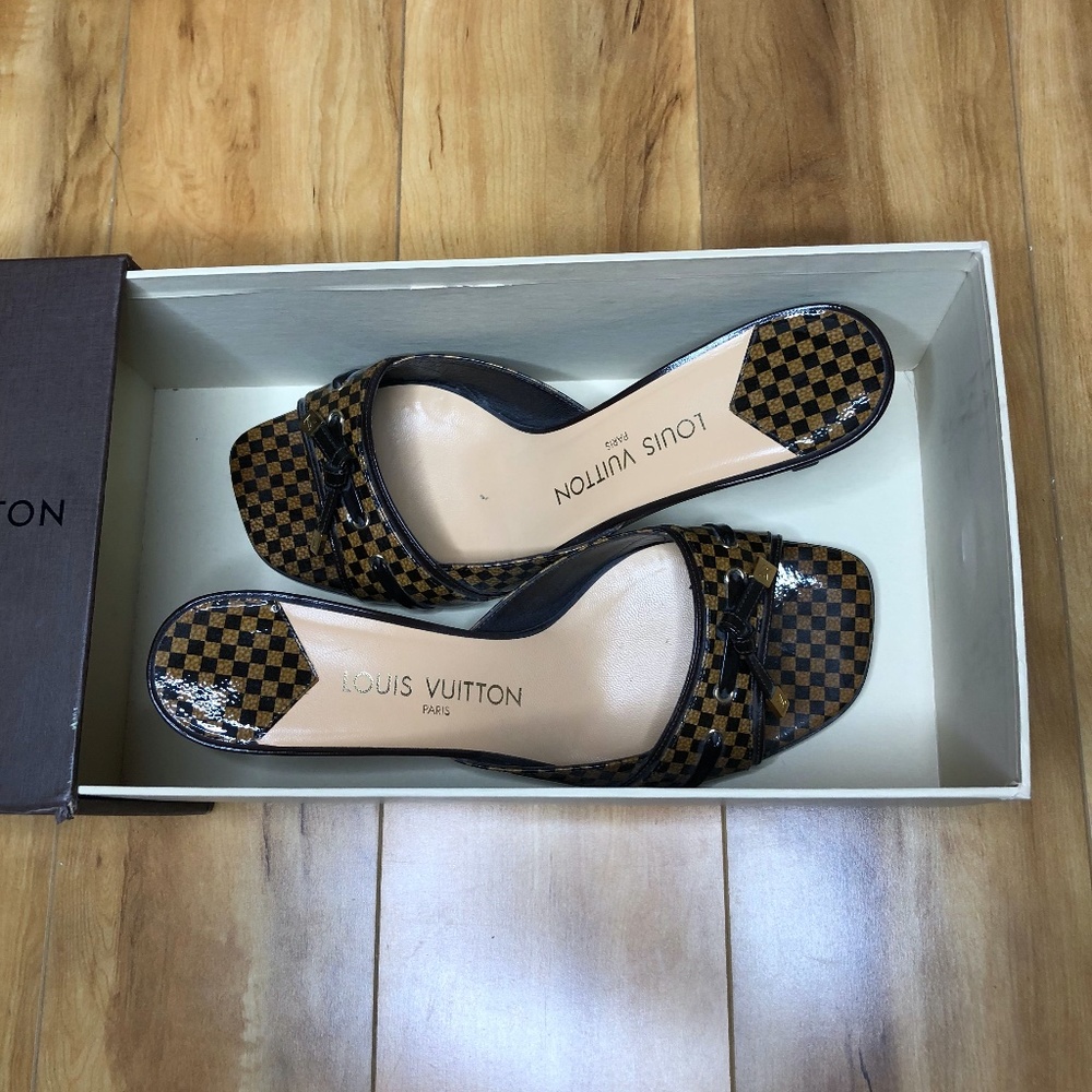 Damier Patent Leather Kitten Heel Mules Sandals